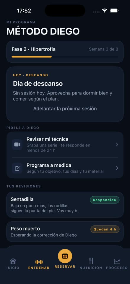 Pantalla de entrenamiento con la fase del método y los ejercicios del día