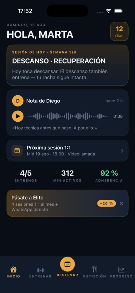 Pantalla de inicio con la sesión del día y la nota de voz de Diego