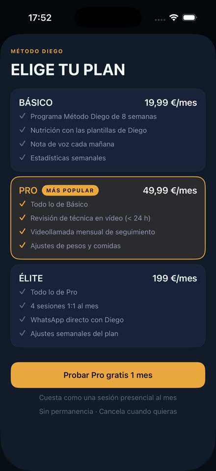 Pantalla de planes: Básico, Pro y Élite